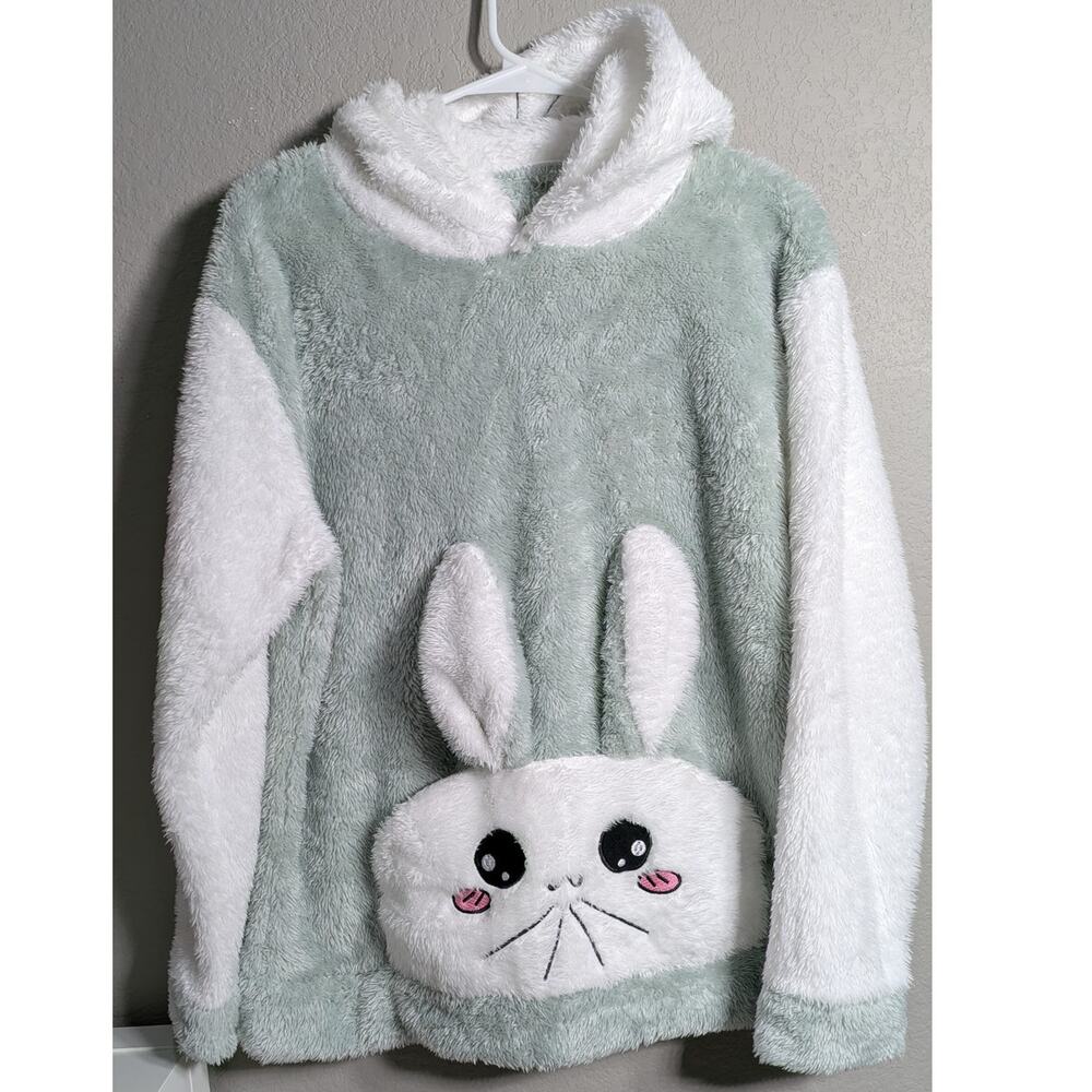 Kawaii Mint Green Fuzzy Fleece Bunny‎ Ears Hoodie Oversized  S/M